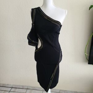 Herve Leger Black One-Shoulder Cutout Dress with Gold Trim